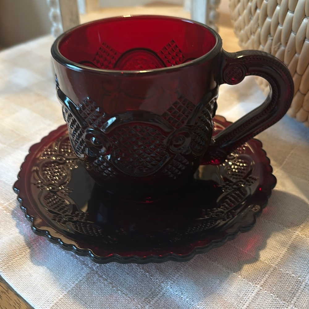 Avon 1876 Cape Cod Collection cup and saucer. Cranberry red.